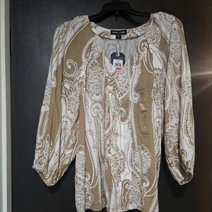 Nautica Tan and White Paisley Blouse